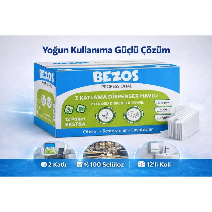 Bezos Professional Z Katlamalı Dispenser Havlu 2 Katlı %100 Selüloz 20x22 cm 12’li Koli