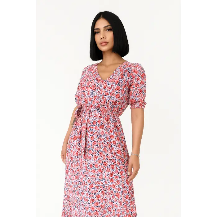 Çiçek Desenli  Yırtmaçlı Elbise - PEMBE