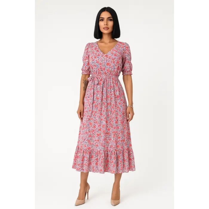 Çiçek Desenli  Yırtmaçlı Elbise - PEMBE