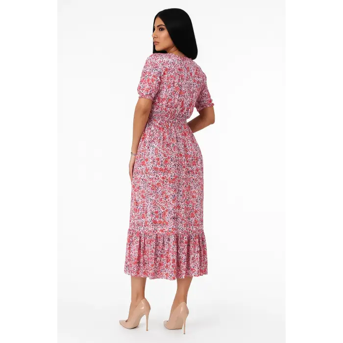 Çiçek Desenli  Yırtmaçlı Elbise - PEMBE