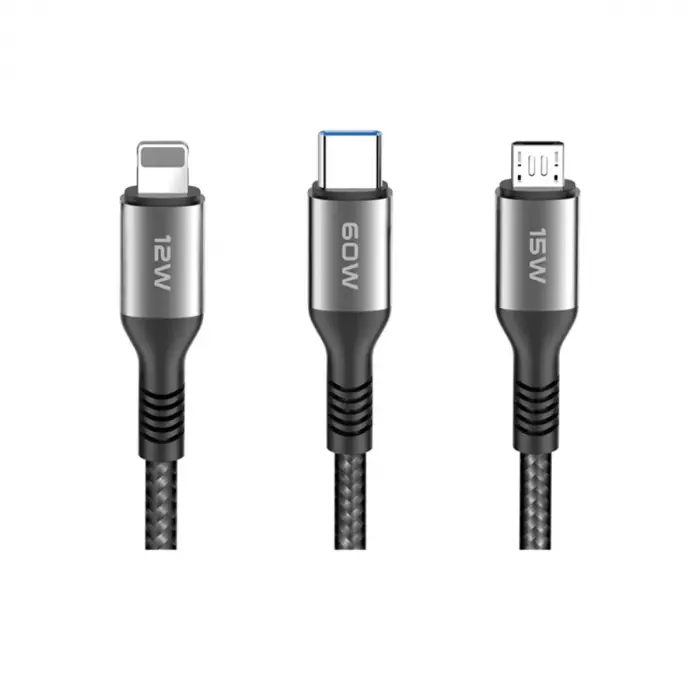 DC62 3in1 Type-C to 60W Type-C / 12W Lightning / 15W Micro 1.2M Hızlı Şarj Kablo - Siyah