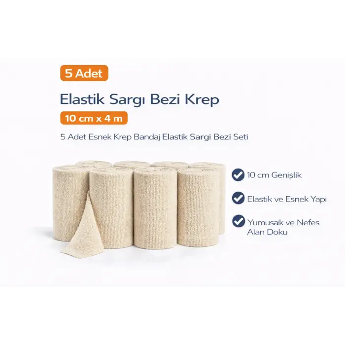 Elastik Sargı Bezi Krep 10 cm x 4 m 5 Adet Esnek Krep Bandaj Elastik Sargı Bezi Seti