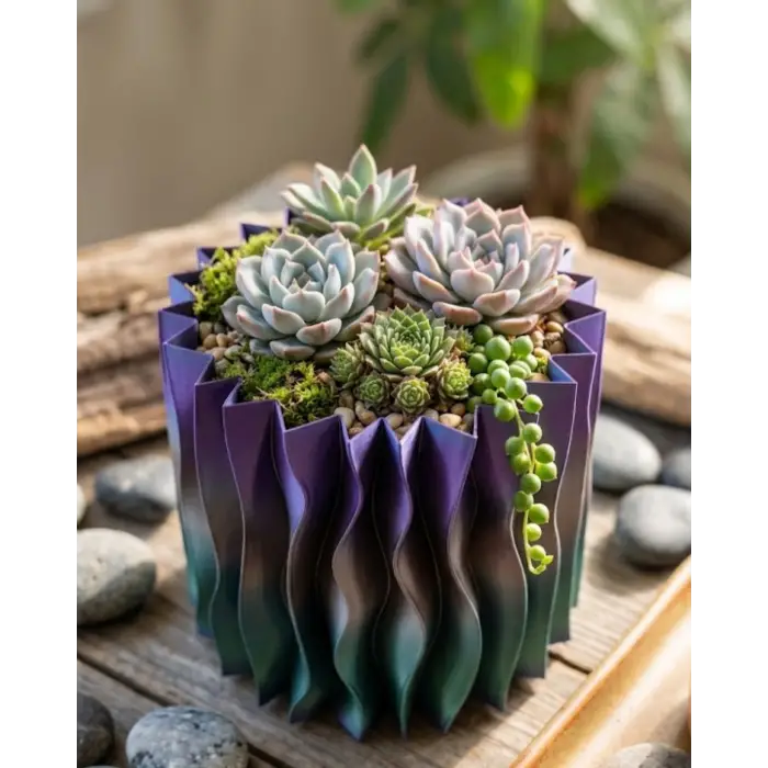 Estetik Dalga Formlu Mor 3D Baskı Dekoratif Vazo Modern Ev Aksesuarı