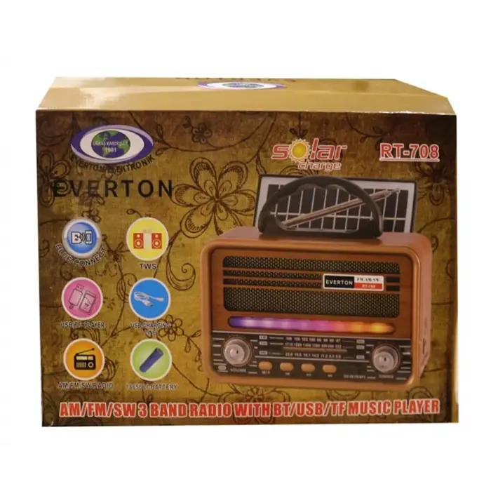 Everton Rt-708 Bluetooth Fm-Usb-Tf-Aux Solarlı Şarjlı Nostaljik Radyo