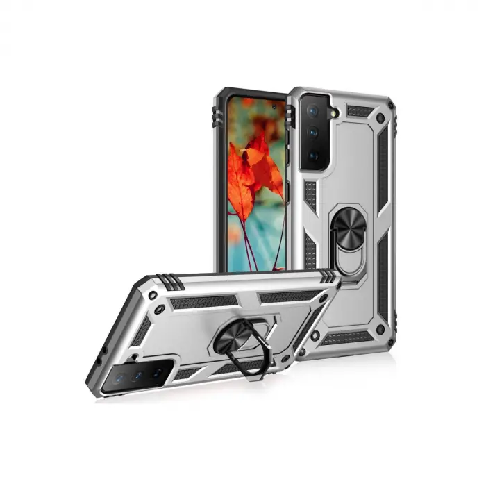 Galaxy S21 Kılıf Sofya Yüzüklü Silikon Kapak - Gümüş