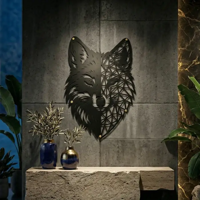 Geometrik Kurt Duvar Tablosu MDF Lazer Kesim Modern Duvar Süsü Minimal Hayvan Figürlü Dekor
