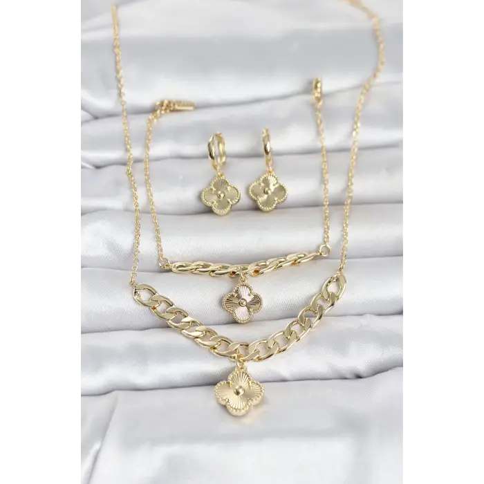 Gold Renk Pirinç Kolye Bileklik ve Küpe Seti