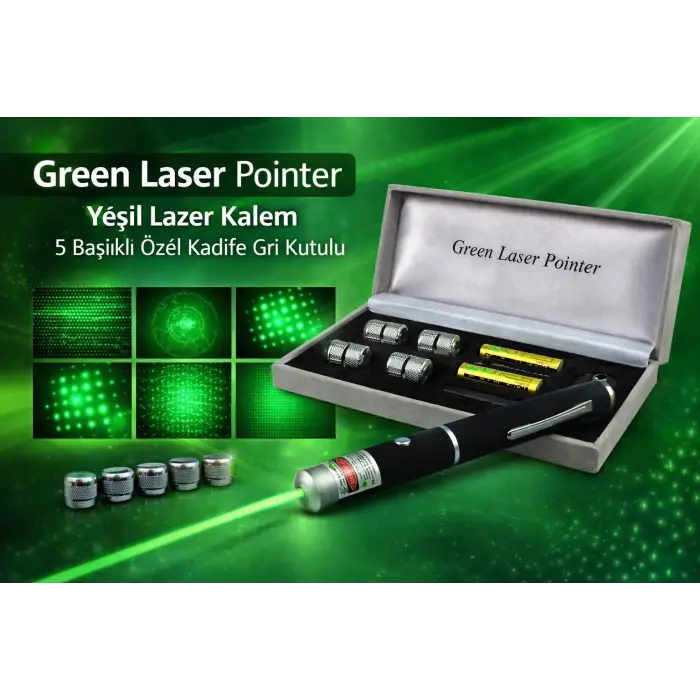 Green Laser Pointer Kalem 5 Başlıklı Özel Kadife Gri Kutulu