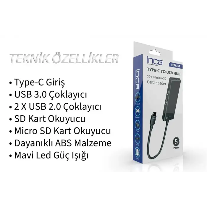 Inca ITPC-5T Type-C Giriş 2XUSB Sd-Micro Sd2.0 Çoklayıcı USB 3.0 Çoklayıcı Çevirici Mavi Led