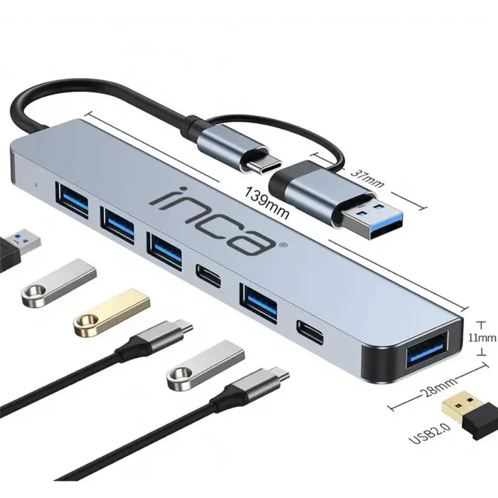 Inca IUTP-7T Usb+Type-c Girişli USB 3.0+4X USB 2.0 Type-C 5V 2X Type-C 100W Çoklayıcı