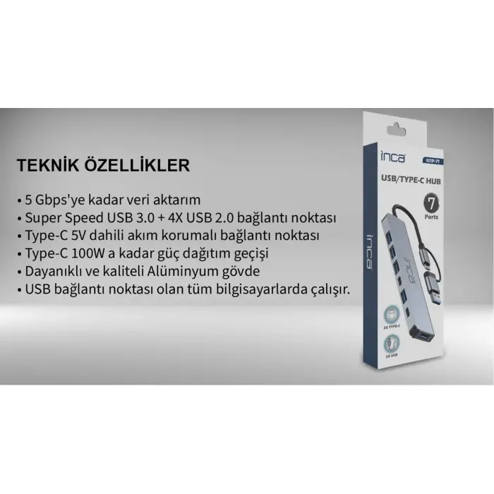 Inca IUTP-7T Usb+Type-c Girişli USB 3.0+4X USB 2.0 Type-C 5V 2X Type-C 100W Çoklayıcı