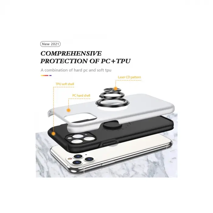 iPhone 11 Pro Max Kılıf Elit Yüzüklü Kapak - Gümüş