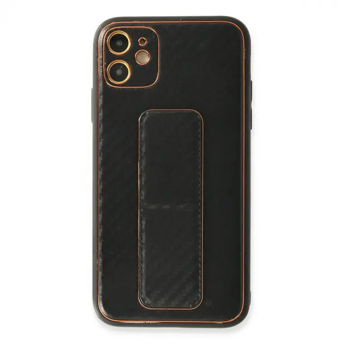 iPhone 12 Kılıf Coco Karbon Standlı Kapak - Siyah