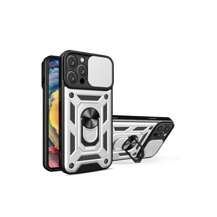 iPhone 16 Pro Kılıf Pars Lens Yüzüklü Silikon - Gümüş