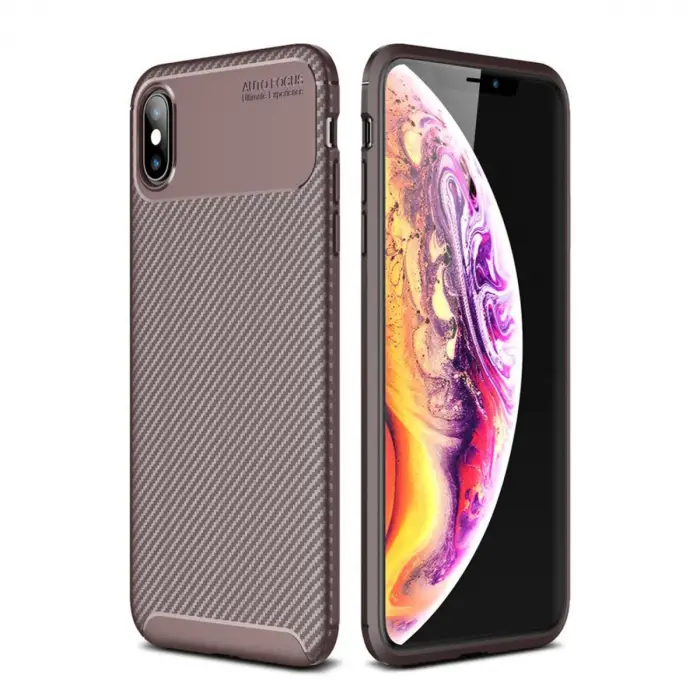 iPhone XS Max Kılıf Auto Focus Karbon Kapak - Kahverengi