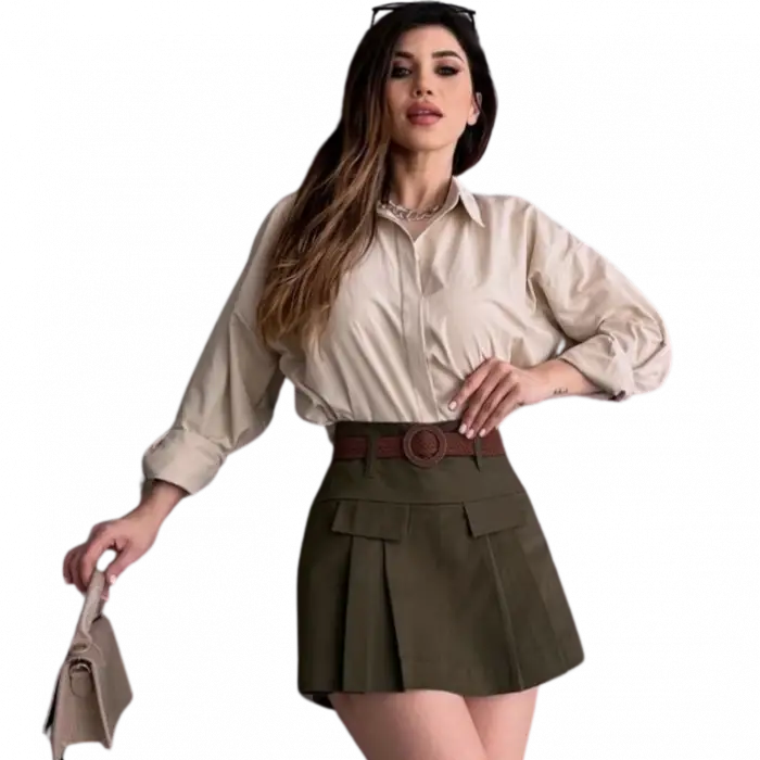 Kemerli Kapak Detaylı  Etek - HAKİ