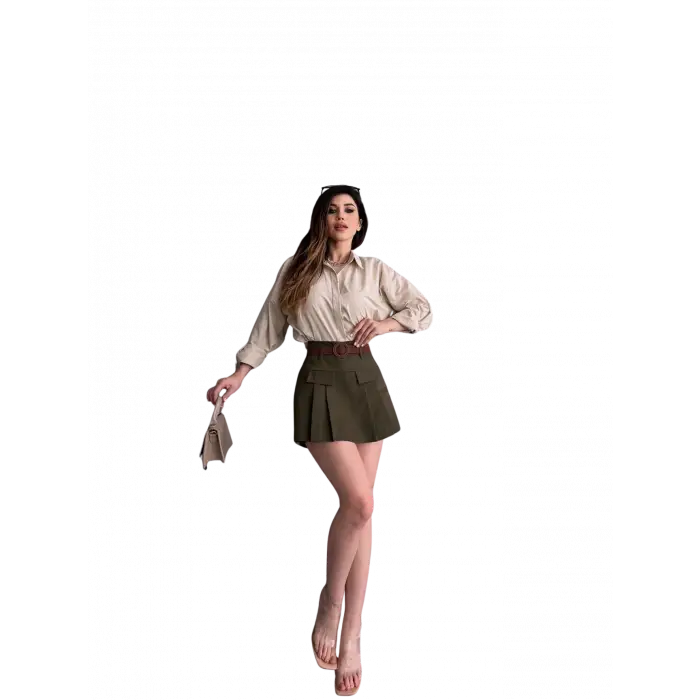 Kemerli Kapak Detaylı  Etek - HAKİ