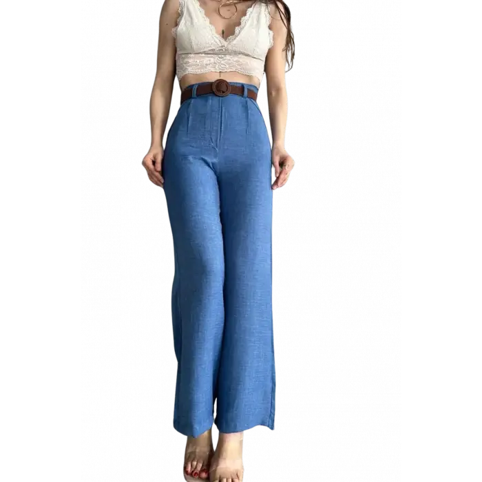 Kemerli Keten Pantolon -MAVİ