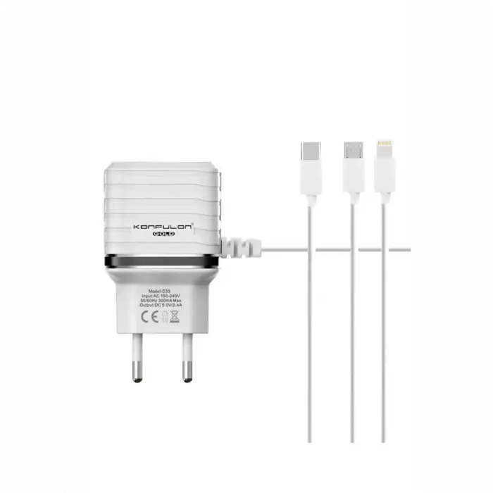 Konfulon C33 Hızlı Şarj Cihazı 3in1 (Dahili Micro USB Kablolu)