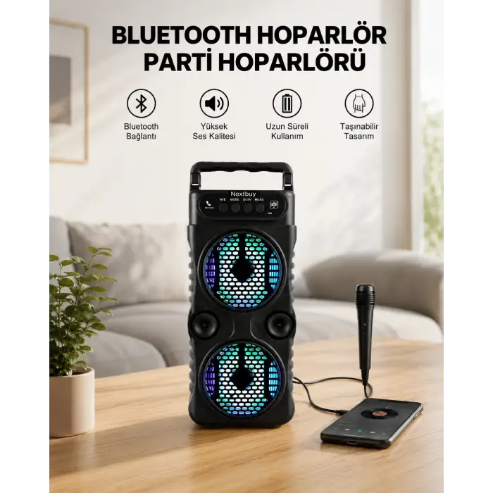 LED Işıklı Kablosuz Bluetooth Hoparlör Yüksek Ses Güçlü Bas Performansı Taşınabilir Şarjlı