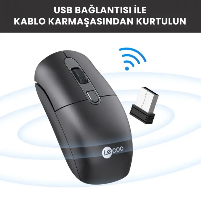 LENOVO LECOO M2001 Kablosuz+USB 1600DPI+4 Tuşlu Siyah Mouse