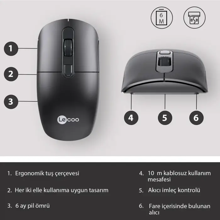 LENOVO LECOO M2001 Kablosuz+USB 1600DPI+4 Tuşlu Siyah Mouse