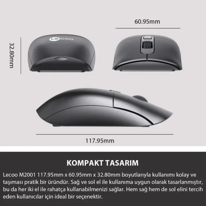 LENOVO LECOO M2001 Kablosuz+USB 1600DPI+4 Tuşlu Siyah Mouse