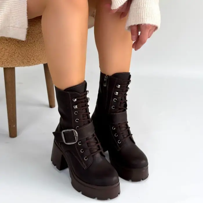 Linma Acı Kahve Cilt Bağcıklı Topuklu Bot