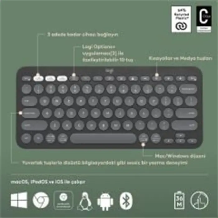LOGITECH K380S PEBBLE KEYS 2 ÇOKLU CİHAZ ÖZELLİKLİ BLUETOOTH TÜRKÇE Q KLAVYE GRİ 920-011859