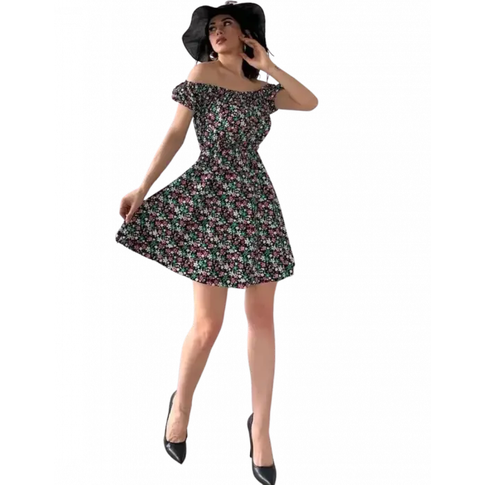 Madonna Yaka Çiçek  Desenli Elbise