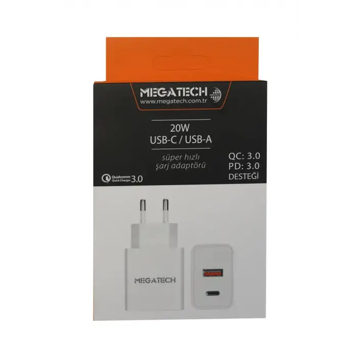 Megatech 20w Beyaz USB-C USB-A Şarj Kafa QC:3.0-PD:3.0