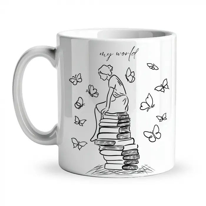My World Kitap Temalı Tasarım Kupa Model 225 Minimal Baskılı Seramik Kahve Kupası