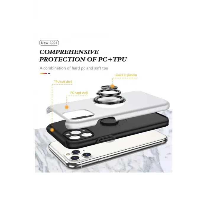 Newface Apple iPhone 11 Pro Max Kılıf Elit Yüzüklü Kapak - Gümüş