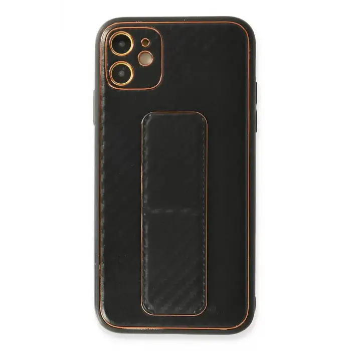Newface Apple iPhone 12 Kılıf Coco Karbon Standlı Kapak - Siyah