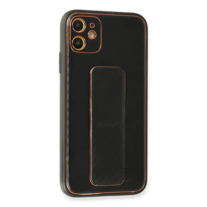 Newface Apple iPhone 12 Kılıf Coco Karbon Standlı Kapak - Siyah