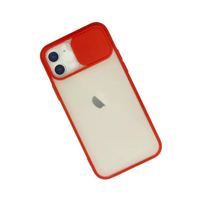 Newface Apple iPhone 12 Kılıf Palm Buzlu Kamera Sürgülü Silikon - Kırmızı