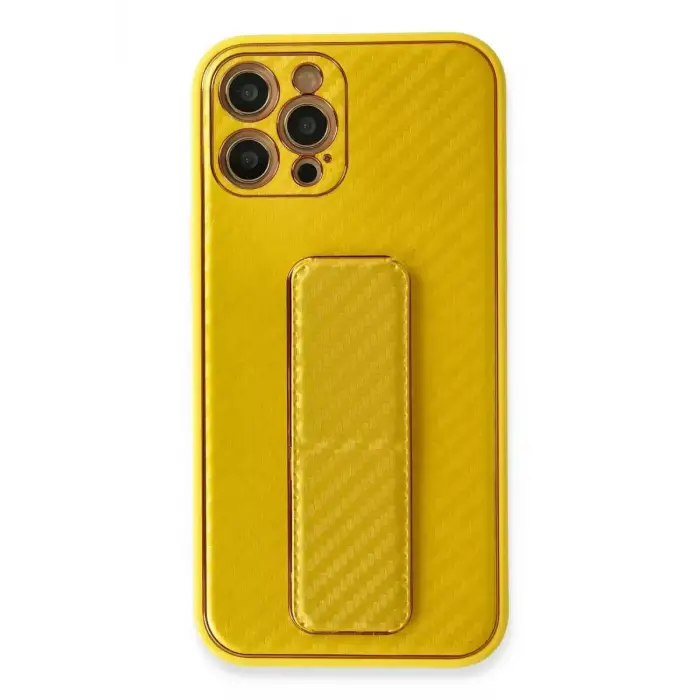 Newface Apple iPhone 12 Pro Max Kılıf Coco Karbon Standlı Kapak - Sarı