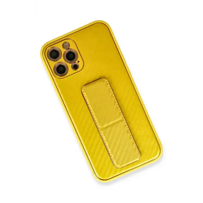 Newface Apple iPhone 12 Pro Max Kılıf Coco Karbon Standlı Kapak - Sarı