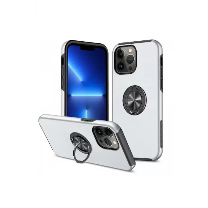 Newface Apple iPhone 13 Pro Kılıf Elit Yüzüklü Kapak - Gümüş