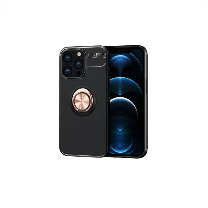 Newface Apple iPhone 13 Pro Kılıf Range Yüzüklü Silikon - Siyah-Gold