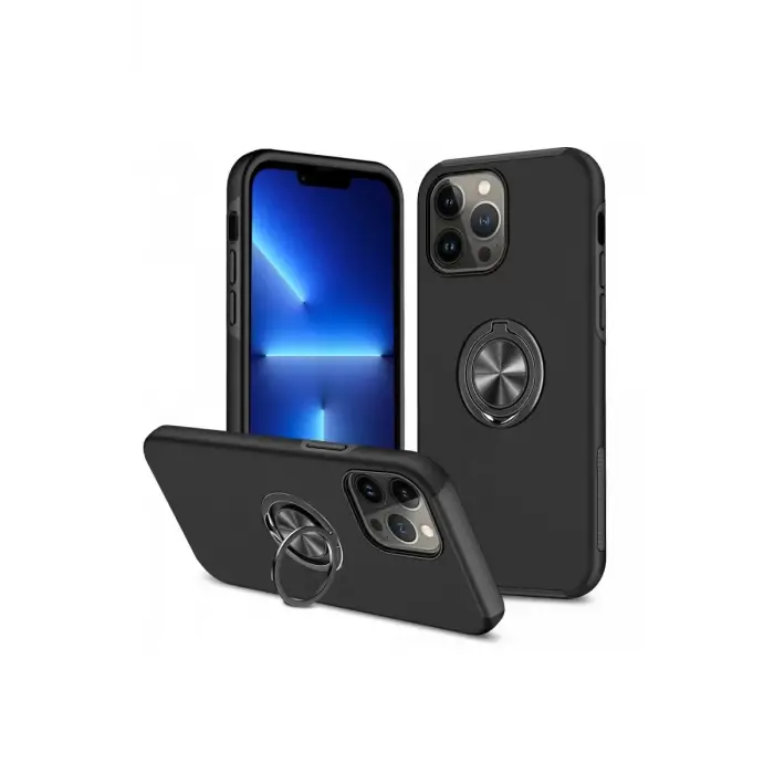 Newface Apple iPhone 13 Pro Max Kılıf Elit Yüzüklü Kapak - Siyah