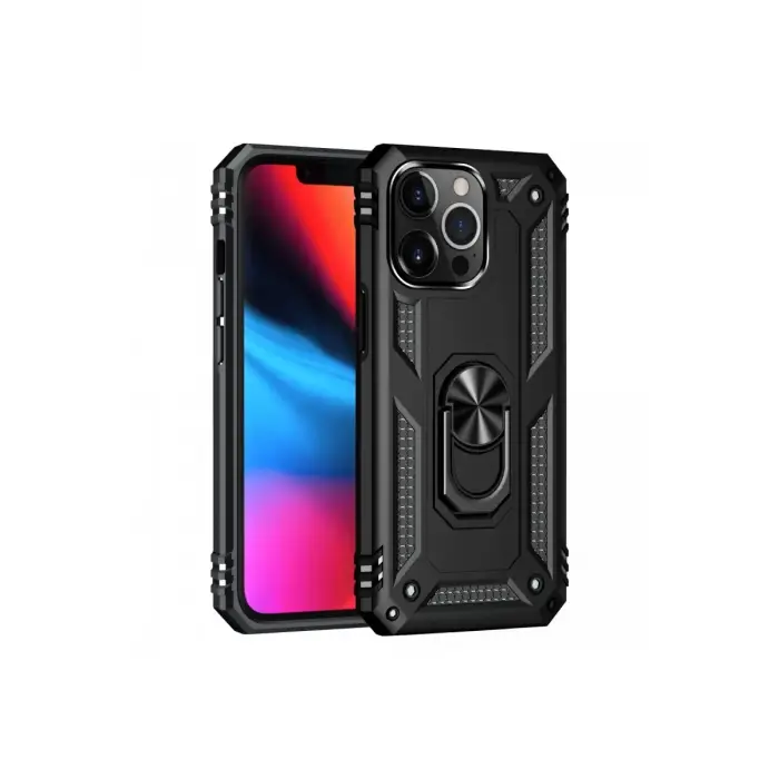 Newface Apple iPhone 13 Pro Max Kılıf Sofya Yüzüklü Silikon Kapak - Siyah