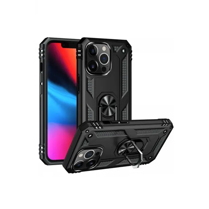 Newface Apple iPhone 13 Pro Max Kılıf Sofya Yüzüklü Silikon Kapak - Siyah