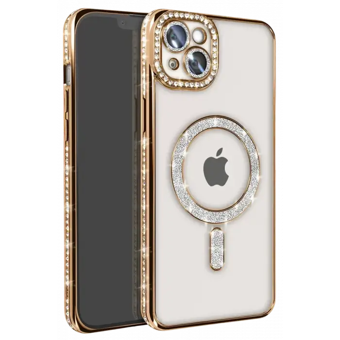 Newface Apple iPhone 15 Kılıf Joke Simli Magneticsafe Kılıf - Gold