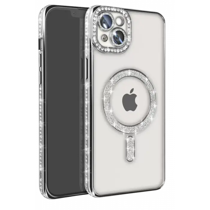 Newface Apple iPhone 15 Kılıf Joke Simli Magneticsafe Kılıf - Gümüş