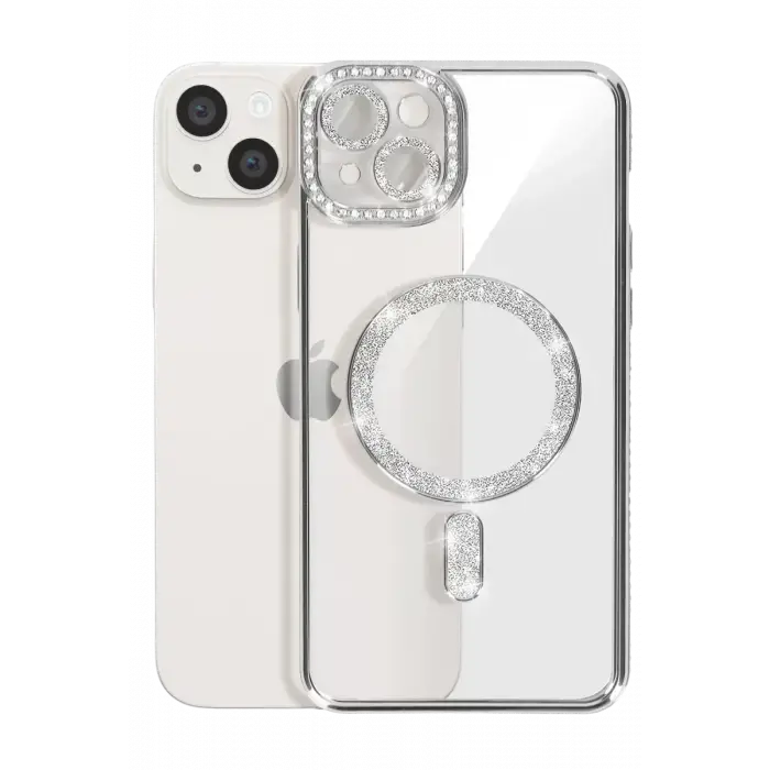 Newface Apple iPhone 15 Kılıf Joke Simli Magneticsafe Kılıf - Gümüş