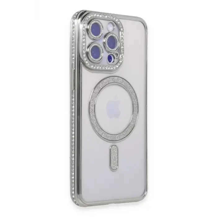 Newface Apple iPhone 15 Pro Max Kılıf Joke Simli Magneticsafe Kılıf - Gümüş
