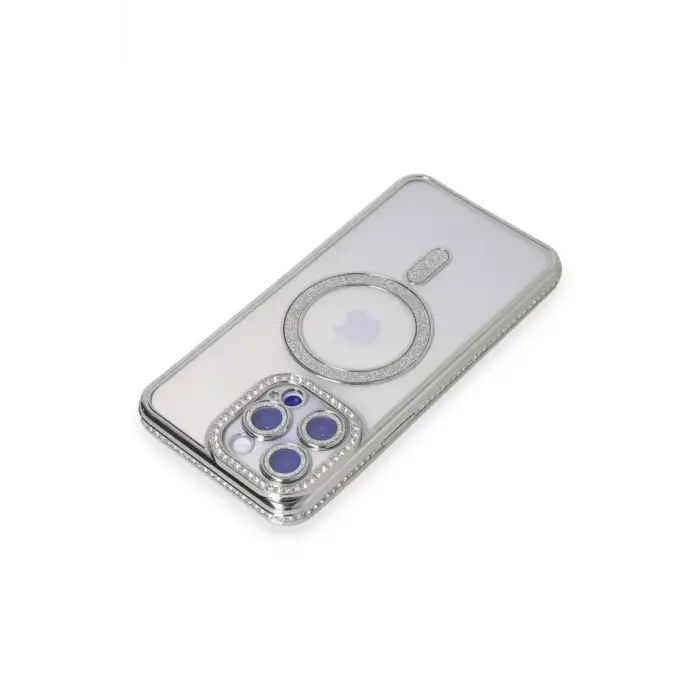 Newface Apple iPhone 15 Pro Max Kılıf Joke Simli Magneticsafe Kılıf - Gümüş