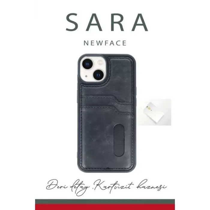 Newface Apple iPhone 15 Sara Kartvizitli Deri Kılıf - Lacivert