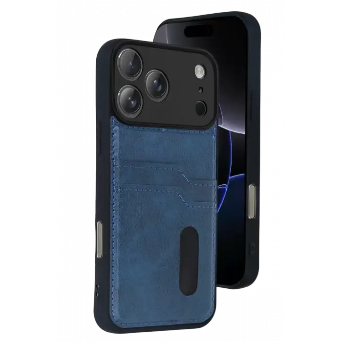 Newface Apple iPhone 17 Pro Max Sara Kartvizitli Deri Kılıf - Lacivert